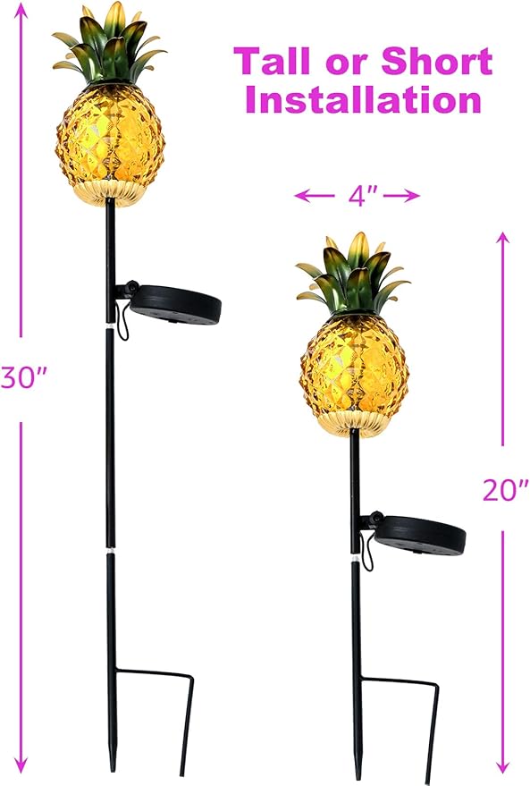 Solar Pineapple Lights Outdoor Glass Pineapple Stakes Lights, Waterproof Garden Lantern Decor Pineapple Gifts for Women 2 Packs, Yellow