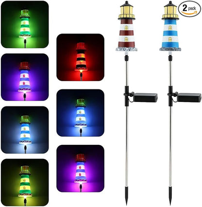2 PCS Solar Lighthouse,7 Colors Changing Lighthouse Solar Light Outdoor Decor for Yard and Garden,Path Lights Lighthouse,IP65 Waterproof