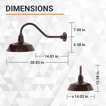 14in. Architectural Bronze Outdoor Gooseneck Barn Light Fixture with 22in. Long Extension Arm - Wall Sconce Farmhouse, Vintage, Antique Style - UL Listed - 9W 900lm A19 LED Bulb (5000K Cool White)