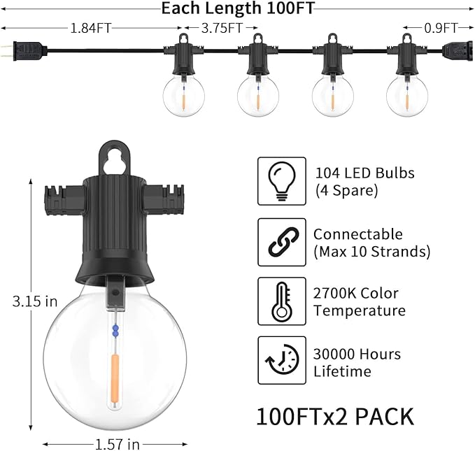 ZOTOYI Outdoor String Lights Waterproof IP65, 200 FT Outdoor Lights for Patio with 104 Shatterproof G40 Bulbs(4 Spare), LED String Lights for Outside, Cafe, Porch, Backyard, Dimmable (2-Pack 100FT)