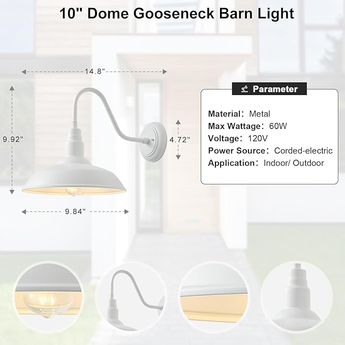 10 Inch Dome Outdoor Gooseneck Barn Lights for Porch, Farmhouse Exterior Light Fixture with Wall Mount, Matte White | Lumora