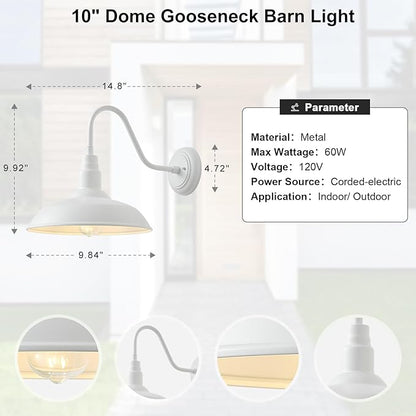 10 Inch Dome Outdoor Gooseneck Barn Lights for Porch, Farmhouse Exterior Light Fixture with Wall Mount, Matte White Outside Patio Wall Sconce for Front Door, Garage, Entryway, Home