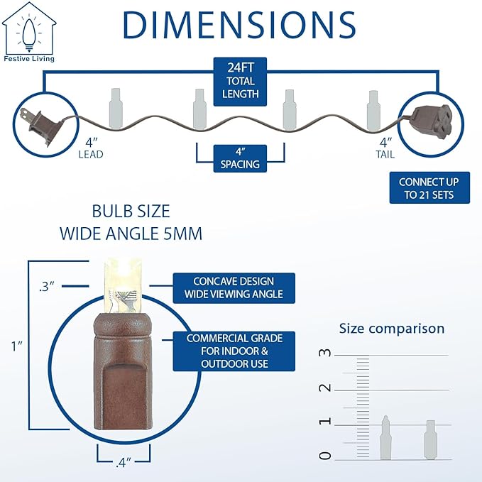 70 Warm White Wide Angle LED Mini Lights on Brown Wire – 24 Ft Commercial Grade Christmas String Lights, Full Wave No Flicker, Indoor/Outdoor UL Listed, Connect Up to 21 Sets