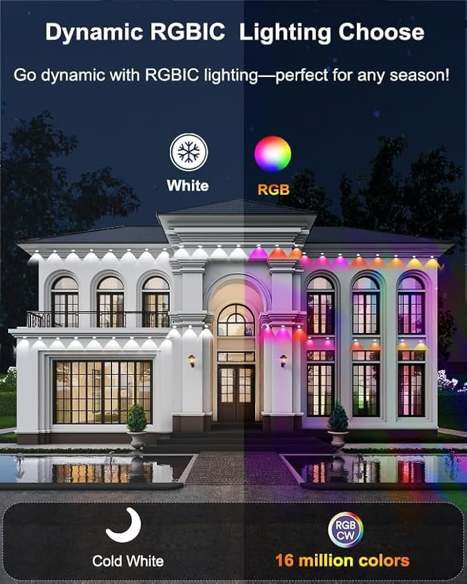 100ft RGB Permanent Outdoor Lights,with 60 LED IP65 Waterproof Smart Christmas Lights for Outdoor Decor with 63 | Lumora