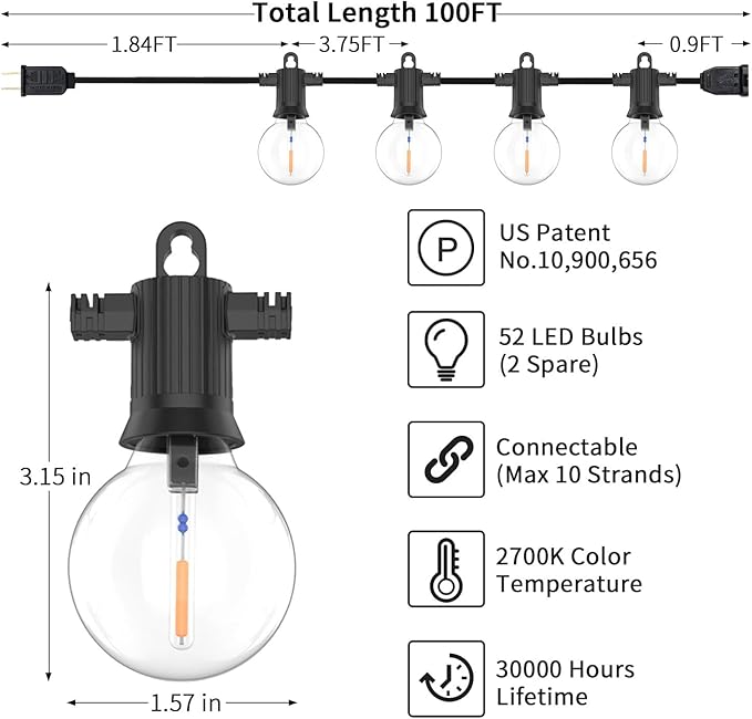 ZOTOYI Outdoor String Lights Waterproof 100 FT, G40 Globe LED Outdoor Lights for Patio with 52 Shatterproof Bulbs(2 | Lumora