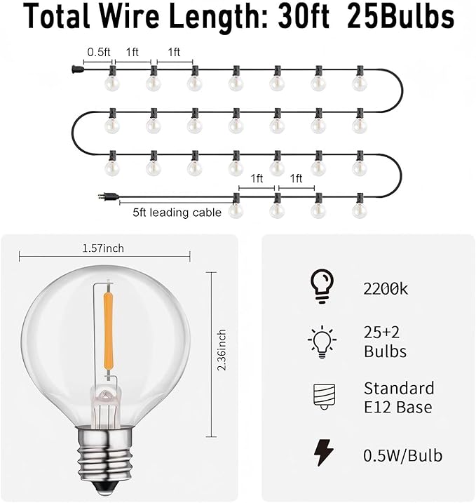 LED 30FT Outdoor String Lights with Remote Waterproof Patio Lights Dimmable 27 Shatterproof G40 Bulbs, Globe String Lights Decorative Balcony Bistro Gazebo Porch Cafe Lights