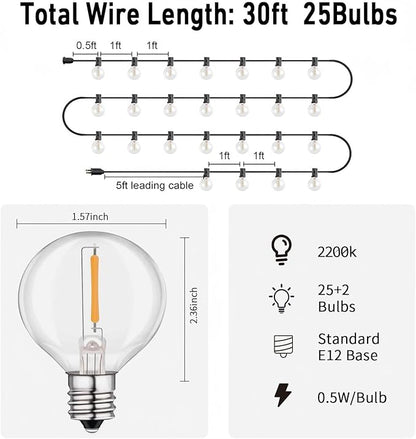 LED 30FT Outdoor String Lights with Remote Waterproof Patio Lights Dimmable 27 Shatterproof G40 Bulbs, Globe String Lights Decorative Balcony Bistro Gazebo Porch Cafe Lights