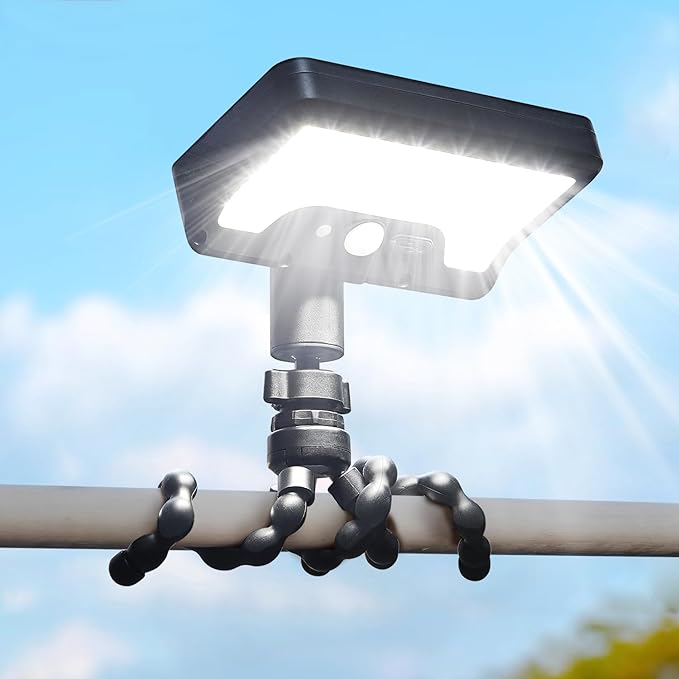 Motion Sensor Outdoor Lights with Flexible Octopus Tripod - 600LM Solar Sercurity Lights Waterproof, Dual Charging Solar Ourdoor Light for Camping,Fence, Patio (1, Black(6000K)