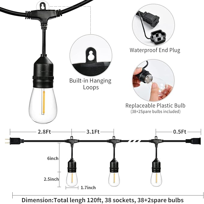 120 FT Outdoor String Lights LED Waterproof with 40 Shatterproof Plastic Warm Edison Bulbs String Bistro Lights for | Lumora