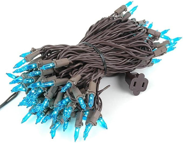 Novelty Lights 50 Feet 100 Bulbs Traditional Incandescent Mini Lights, Teal on Brown Wire with 6" Spacing | Lumora