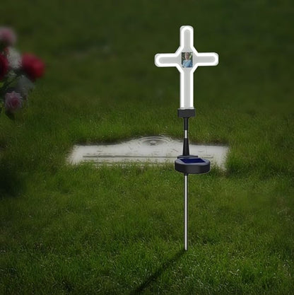 Touch Of ECO Solar Neon Memorial Cross Outdoor Garden Stake Light w/Personalized Picture Frame - Honor Pets, Humans, Graves Cemetery Decorations Markers, Cool White LED Light