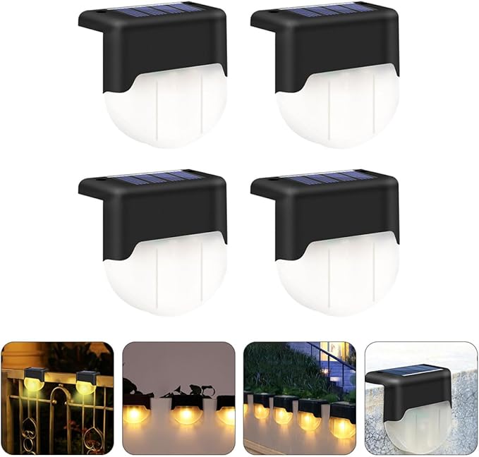 Sewroro 4pcs Solar Outdoor Step Lights, Waterproof LED Stair Lamps with Warm White Glow, Black Solar Pathway Lighting for Garden, Deck, and Yard Staircase Decoration