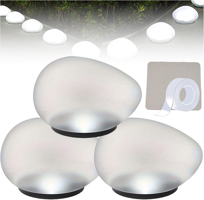 Solar Glass Garden Pebbles, Solar Rock Pathway LED Lights, Pebble Shape Rock Light Outdoor Waterproof Landscape Night Lights, for Garden Path, Stair, Lawn, Patio, Yard Party Decoration (White* 3)