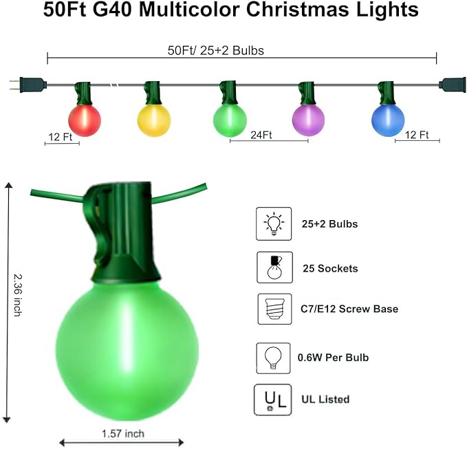 50Ft Outdoor Globe String Lights, LED G40 Colored Christmas Lights with 27 Shatterproof Frosted Globe Light Bulbs(2 Spare) for Holiday Gifts Bistro Balcony Roofline Garden Decor-Multicolor