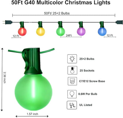 50Ft Outdoor Globe String Lights, LED G40 Colored Christmas Lights with 27 Shatterproof Frosted Globe Light Bulbs(2 Spare) for Holiday Gifts Bistro Balcony Roofline Garden Decor-Multicolor