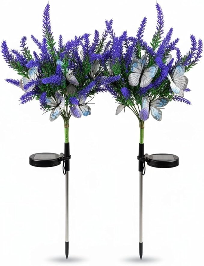 Solar Garden Decor Lights Outdoor, Lavender Butterfly Flower Stakes Light, 2 Pack Waterproof LED Flower Lights, for Garden Pathway Patio Backyard Landscape (Warm White)