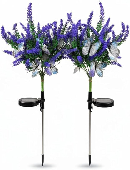 Solar Garden Decor Lights Outdoor, Lavender Butterfly Flower Stakes Light, 2 Pack Waterproof LED Flower Lights, for Garden Pathway Patio Backyard Landscape (Warm White)