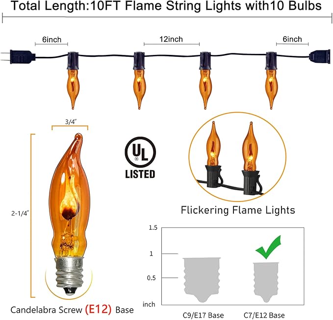 SUNSGNE 10Ft Flickering Flame String Lights, C18 Christmas String Lights with 10 Orange Flicker Flame Lights for Home Halloween Christmas Outdoor Decorations, 1 Watt, 120 Volt- Black Wire