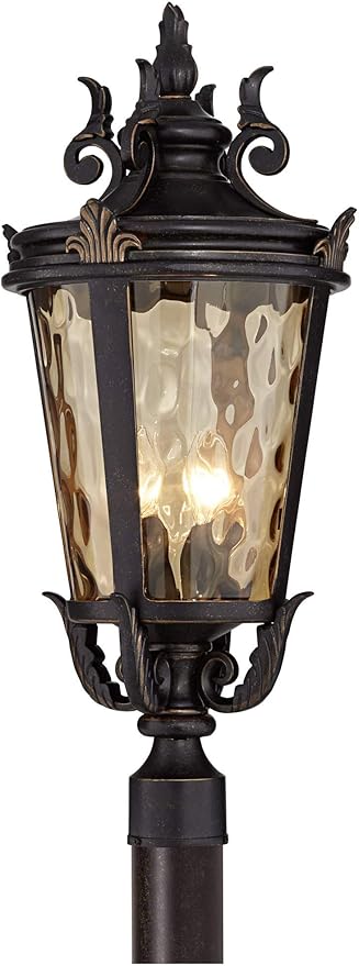 John Timberland Casa Marseille European Outdoor Post Light Fixture Bronze Scroll 28" Hammered Glass for Exterior | Lumora