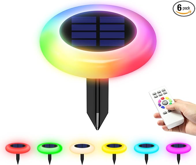 intelamp Solar Pathway Lights Outdoor, 6 Pack 9 Color Changing with Remote Control, Dusk to Dawn Solar Powered | Lumora