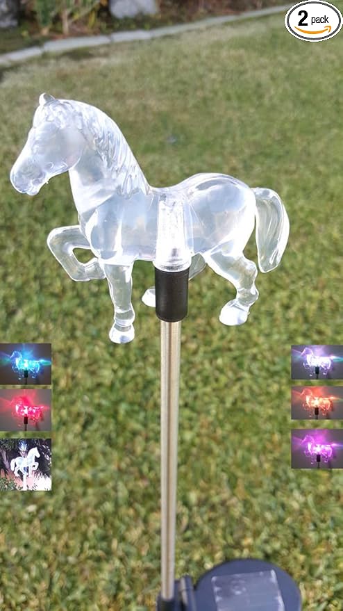 Outdoor Garden Set of 2 Solar Stake Light with Horse Decorative Lights, Multi-Color Changing LED Solar Lights for Yard Decorations, Garden Gifts…