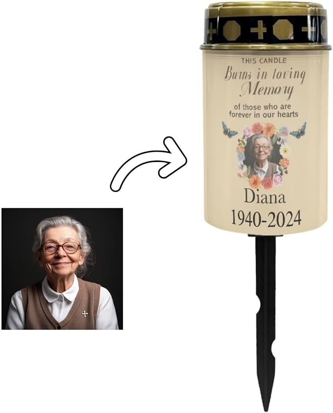 Memorial Grave Lights, Personalized Photo Solar Lights for Grave, Custom Photo Grave Cemetery Decor Candle Lamp Solar Power Lights