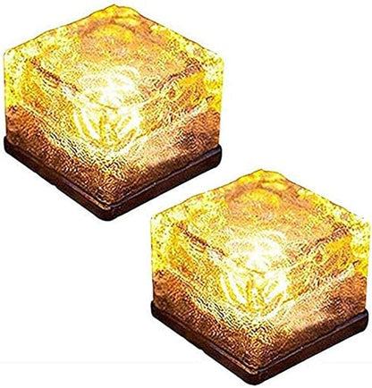 Solar Ice Glass Light,2 Packs Solar Powered Garden Lights, Waterproof IP68 Outdoor Table & Path Lights, Decorative Ice Cube for Yard (Warm White)