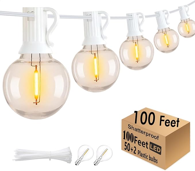G40 LED Outdoor String Lights White 100FT Patio Lights with 52 Shatterproof Edison Bulb, White String Lights Waterproof Outside for Wedding,Proposal,Party,Anniversary