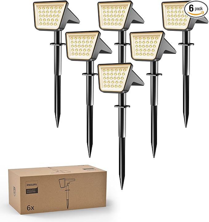Philips 6 Packs Solar Spot Lights Outdoor Waterproof, 28 LED 3000K Solar Powered Landscape Pathway Lights, Dusk to | Lumora