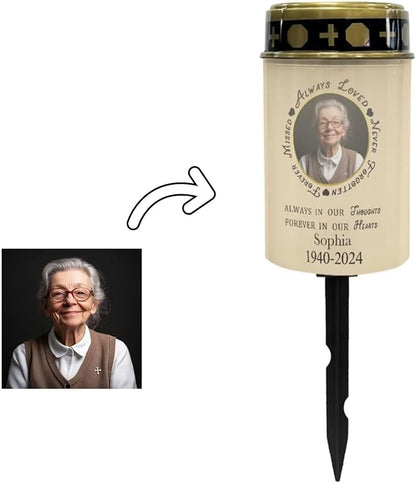 Cemetery Grave Candle Lamp Custom Photos, Solar Power Lights Personalized Photo Grave Meorial Lights for Grave Cemetery Decor