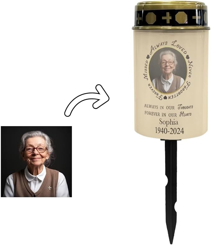 Cemetery Grave Candle Lamp Custom Photos, Solar Power Lights Personalized Photo Grave Meorial Lights for Grave Cemetery Decor