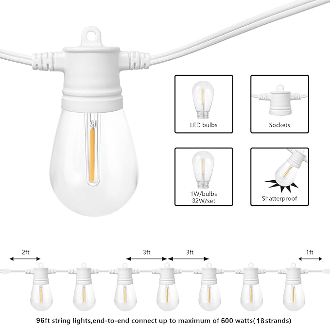 SUNTHIN White Outdoor String Lights, 96FT White Patio Lights with 32 Shatterproof LED Bulbs for Garden, Backyard | Lumora