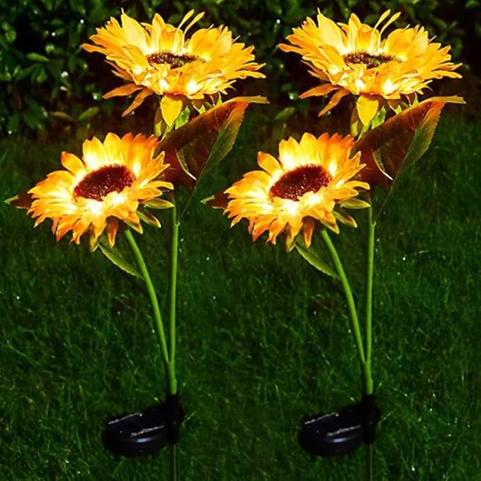 GUOCHENG Sunflower Solar Lights Outdoor Garden 2 Pack 4Flowers with Warm LED Light Solar Sunflower Stake Lights–Floral Outdoor Garden Decor for Patio Lawn Yard Pathway(Double)