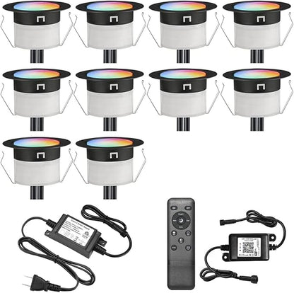 Sumaote 10Pcs WiFi RGBW Deck Lights Kit, 1.22" Recessed Low Voltage Step Lights Outdoor, IP67 Waterproof RGB and 3000K Dimmable Landscape Lighting for Stairs Path Pool Side, Smart APP Control