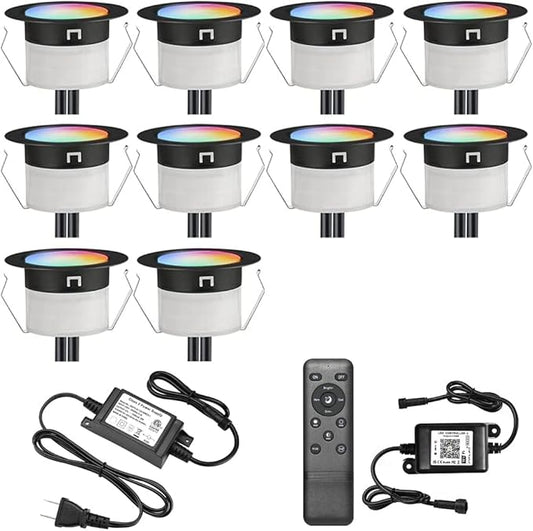 Sumaote 10Pcs WiFi RGBW Deck Lights Kit, 1.22" Recessed Low Voltage Step Lights Outdoor, IP67 Waterproof RGB and 3000K Dimmable Landscape Lighting for Stairs Path Pool Side, Smart APP Control