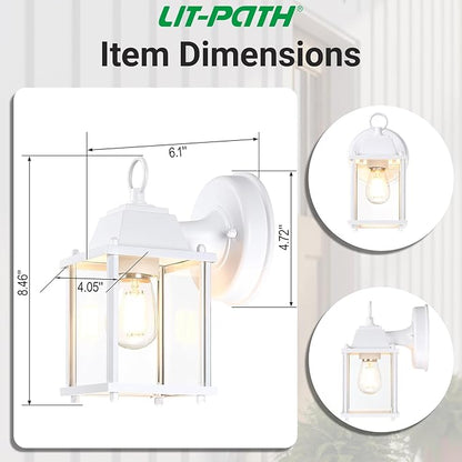 LIT-PaTH Outdoor Wall Lantern, Wall Sconce as Porch Lighting Fixture, E26 Base, Aluminum Housing Plus Glass, Water-Proof and Outdoor Rated, ETL Qualified, 1-Pack, White
