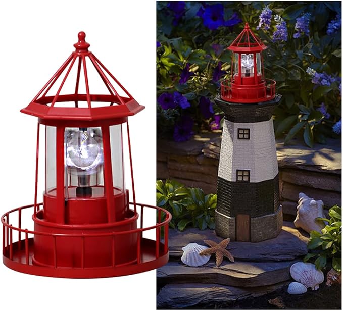 LED Solar Powered Lighthouse,360 Degree Rotating Lamp IP65 Waterproof Statue Solar Garden Lights Rotatable Outdoor Solar Light,Suitable for Patio Fence Garden Courtyards,Lawns Decor (Red)