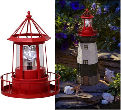 CALIDAKA LED Solar Powered Lighthouse, 360 Degree Rotating Lamp Waterproof Statue Solar LED Lighthouse for Lawn Patio Pond Yard Outdoor Decor (Red)