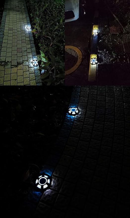 Solar Round Dock Light Waterproof Cast Aluminum Solar Deck Light 6LED Auto On/Off Security Warning Light for Driveway Path Step Pool Patio Garden (4-Pack)