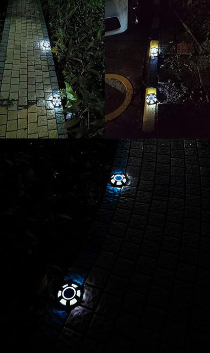 Solar Round Dock Light Waterproof Cast Aluminum Solar Deck Light 6LED Auto On/Off Security Warning Light for Driveway Path Step Pool Patio Garden (4-Pack)