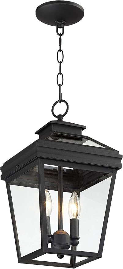 John Timberland Stratton Street Rustic Farmhouse Outdoor Hanging Ceiling Light Fixture Textured Black Lantern 2-Light 16 1/2" Clear Glass Exterior Barn Deck House Porch Yard Patio Outside Garage