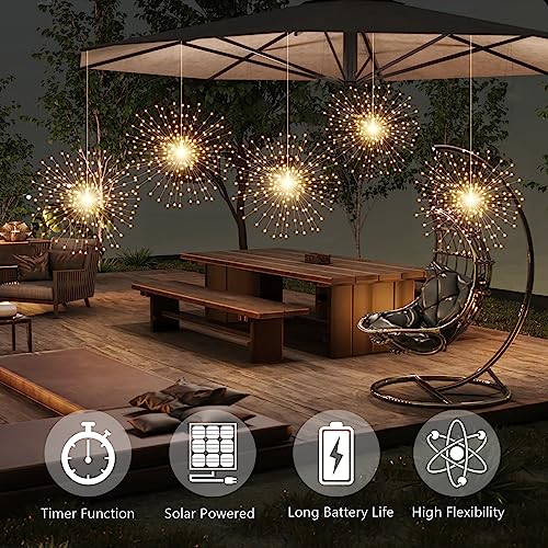 SHUKAN 5 Pcs 1000LED Solar Starburst Sphere Lights,Firework Light Timer