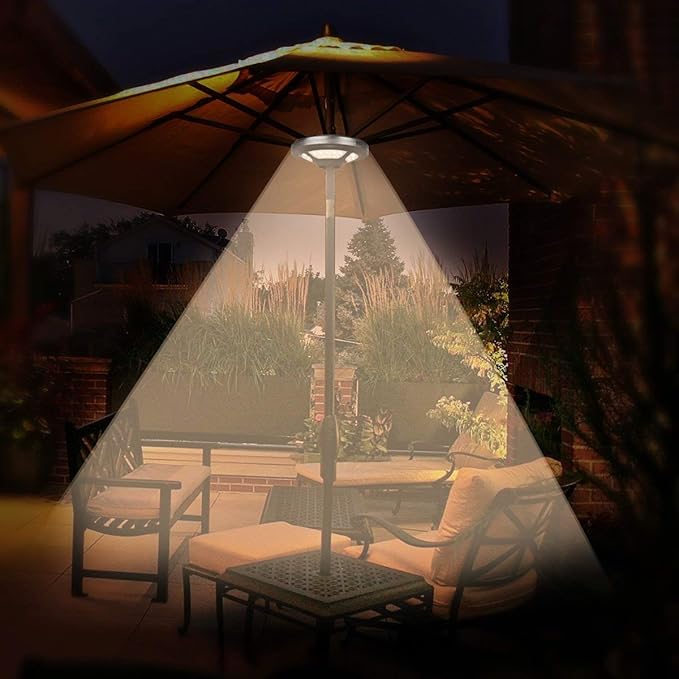 Rechargeable Warm White Umbrella Light 2 Brightness Mode Cordless 36 LED- 3 x AA Battery Operated,Umbrella Pole Light for Patio Umbrellas,Camping Tents or Outdoor Use (Rechargeable Warm White)