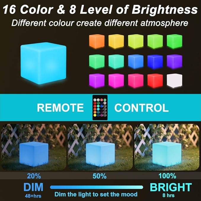 8-in Garden Solar Cube Light Outdoor, Waterproof Solar Cube Lamp for Outside w/Remote, 16 RGB Color 4 Mode Glow Tesseract Cosmic Cubes, Illuminate Cubes Mood Lamp w/Ground Stake for Patio Yard Pathway