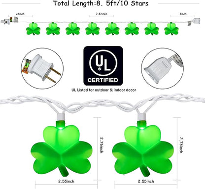 St Patrick's Day Shamrock Lights Plug in, 8.5Ft Outdoor Shamrock St Patrick's Day Decorations Lights Waterproof with 10 LED Green Clover Light UL Listed for Home Window Irish Party Garden Birthday