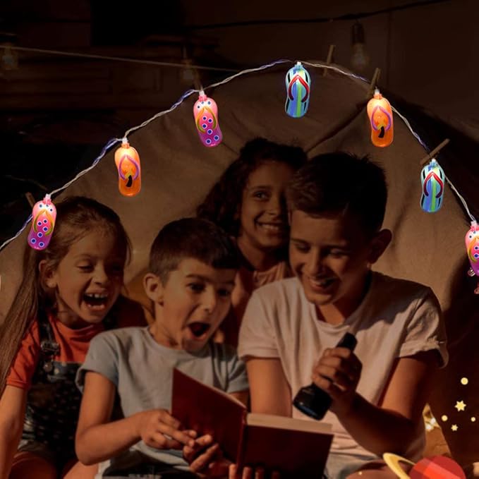GOOTHY 8.5Ft Tropical Beach Themed Decorations Slipper String Lights with 10 Colorful Flip Flop, Outdoor Beach Flip Flop String Lights for Summer Camp Tent Wedding Holiday Party Garden Bedroom Decor