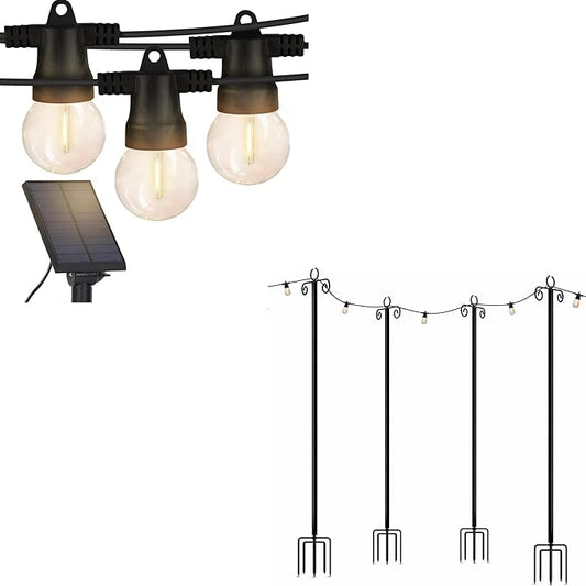 Brightech Bundle Ambience Pro 27 Ft Solar Powered Outdoor String Lights + 4-Pack 10FT String Light Poles for Outdoor Use