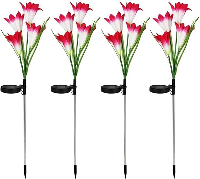 Lxcom Lighting Solar Path Light 4 Pcs Artificial Lily Flowers Waterproof Solar Garden Light Decorative Outdoor Lights Solar Lights Outdoor Garden for Patio Garden Yard Pathway, 4 Pack(Red)