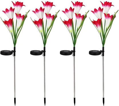 Lxcom Lighting Solar Path Light 4 Pcs Artificial Lily Flowers Waterproof Solar Garden Light Decorative Outdoor Lights Solar Lights Outdoor Garden for Patio Garden Yard Pathway, 4 Pack(Red)