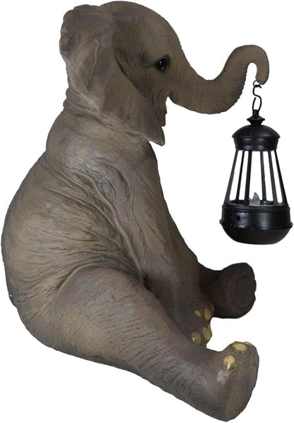 Ebros Safari Savanna Wildlife Animal Melee Adorable Pachy Elephant Statue Home Patio Decor Figurine with Solar LED Light Lantern Lamp 13.75" H Guest Greeter Elephants Path Lighter Sculpture